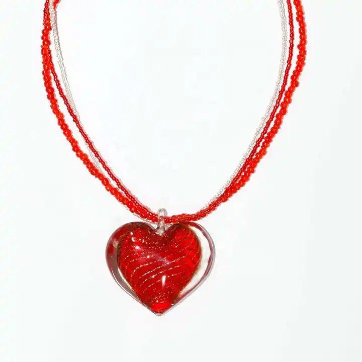 Beautiful & Elegant Red Heart Murano Glass Pendant Necklace